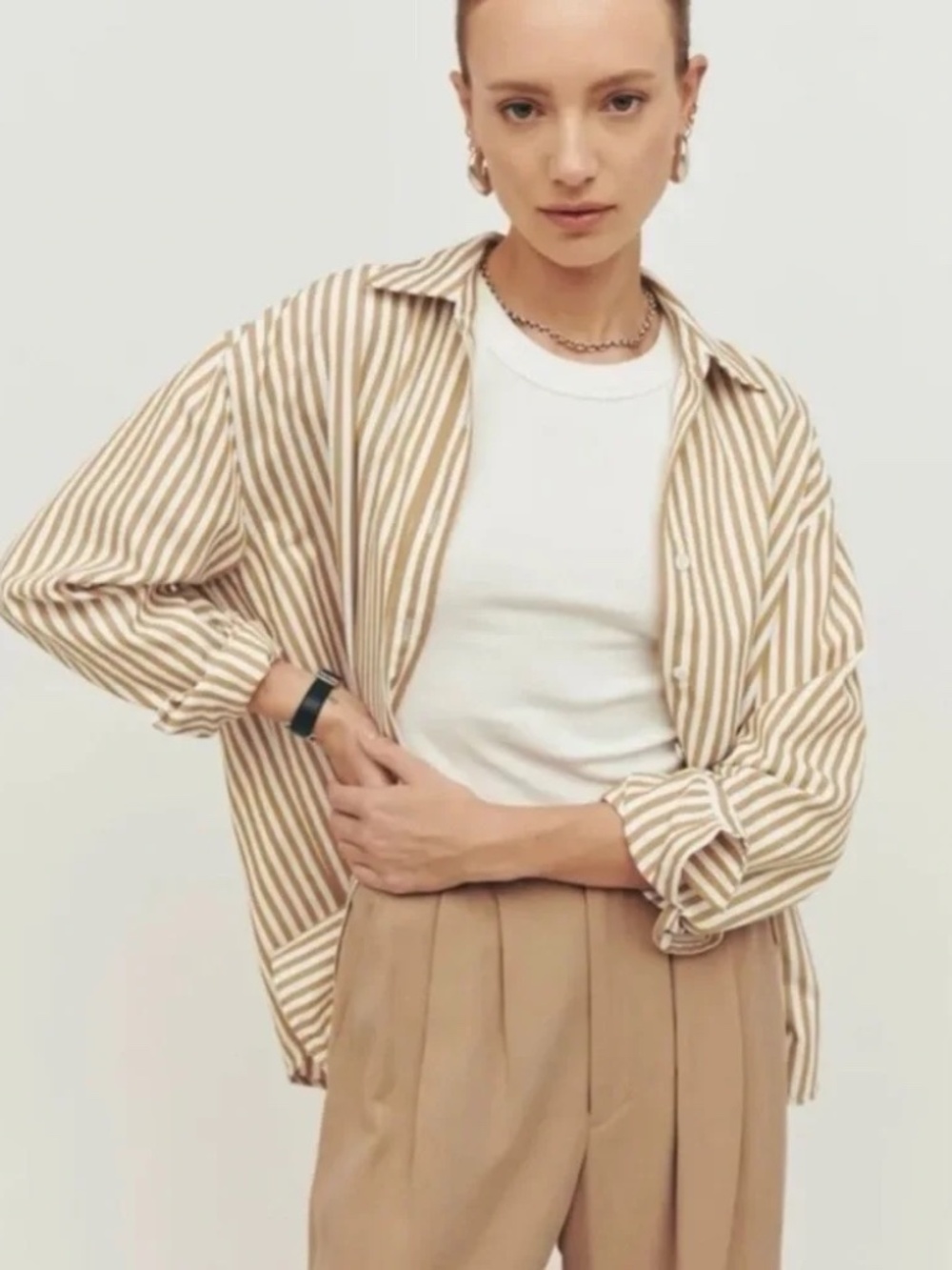 Reformation Parker Tan Striped Button Down Relaxed Shirt - Size XL